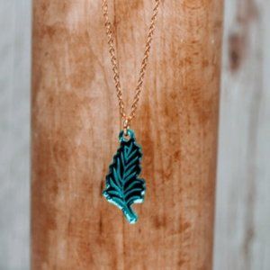 Leaf Necklace - Teal Acrylic Pendant with 18 inch Gold Chain
